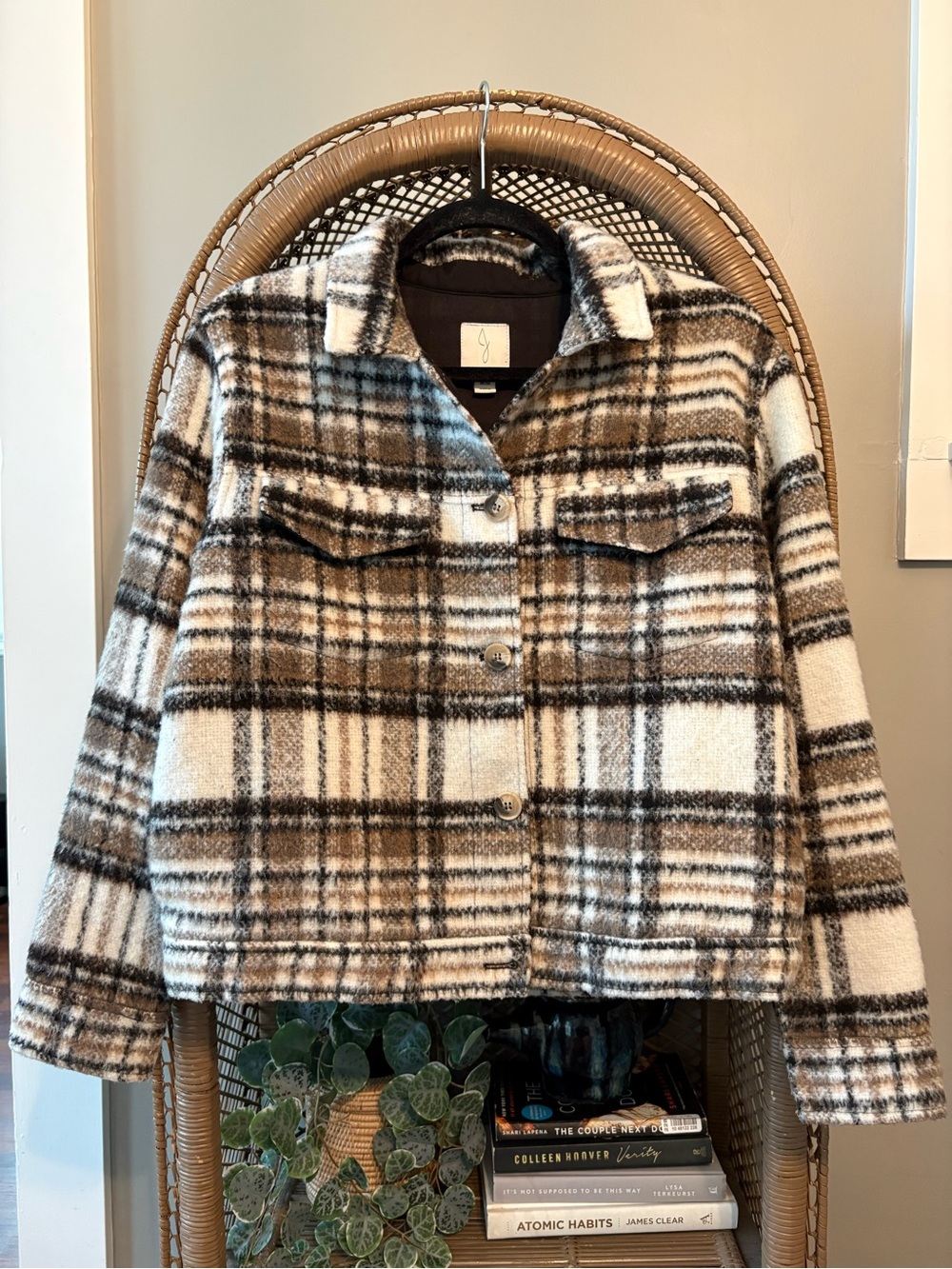Joie Plaid Teddy Shacket Jacket - Brown & White